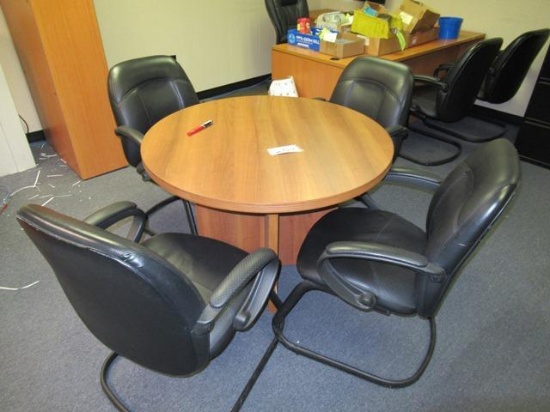 42" Round Table, (6) Chairs, (2) Desks, with returns, and Bookshelf (BUYER MUST LOAD)