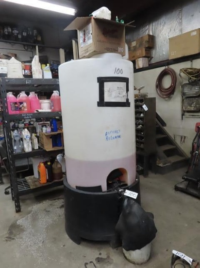 150 Gallon Vertical Tank, with approximately 40 gallons asphalt release agent and spray bottles