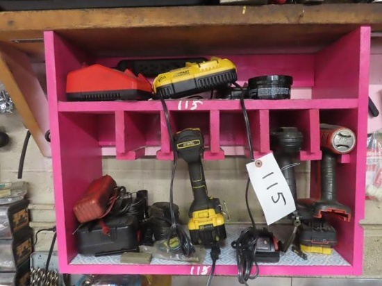 DEWALT and MILWAUKEE Cordless Tools, Batteries, and Chargers (Above Shop Bench)