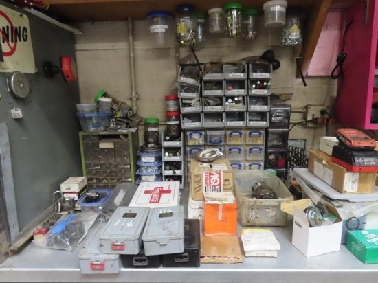 Contents of Shop Bench Top, Wall, and Shelf Above Bench (Excluding Vise, Grinder, File Cabinet, and