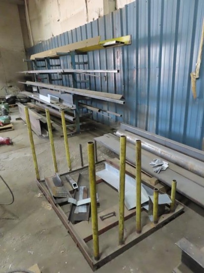 Steel Rack and Contents Including: I-beams, box and angle steel, flat stock, and steel plate rack