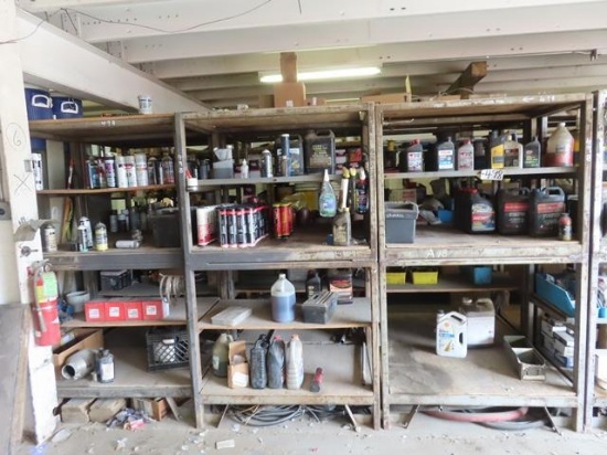 (7) Metal Racks and Contents Including: automotive fluids, filters, lubricants, spray paint wire,