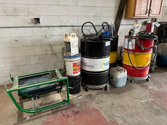Assorted Lubricants, Manual and Pneumatic Barrel Pumps, and Barrel Carts