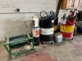 Assorted Lubricants, Manual and Pneumatic Barrel Pumps, and Barrel Carts