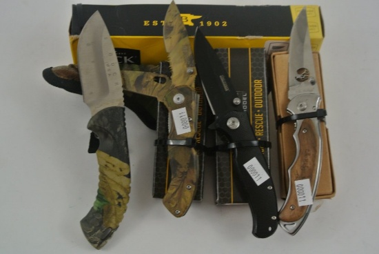 (4) New Knifes/Buck/Elk Ridge/Tac Force (4) Brand New Knifes, (1) Buck Omni Hunter Camouflage Sheath