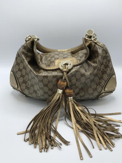 Brown Gucci Bag with Tassels Gucci Beige/Gold GG Crystal Coated Canvas Medium Babouska Indy Top Hand