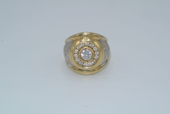Gold colored ring with CZ stones Size 9 Men's gold colored metal ring with 14 CZ around one large CZ