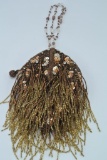 Brown, Long Beads Hand Purse Brown cloth purse with brown and gold beaded appliques and sequins, as