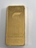 20 ounce gold bar with Scotiabank Logo Bar Highlights: Contains 20 oz of .9999 fine Gold. Obverse: V