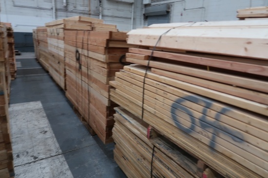 Lot of (8) Pallets of Wood  8 ft 2 in x 4in; 8 ft x 2 ft Plywood and  7 ft x 2 ft Frames