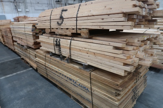 Lot of (9) Pallets of Wood 8 ft 2 in x 4 in; 8 ft x 2 ft Plywood and 7 ft x 2 ft Frames