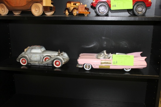 Two decanters of cars, 1959 Cadillac and Mercedes Benz Roadster