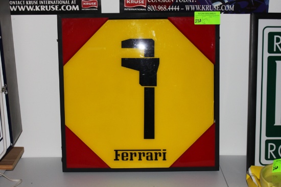 Ferrari backlit sign (some damage to right side), 25-1/2" x 26"