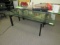 Glass top coffee table, single pedestal, four supports, 3/4