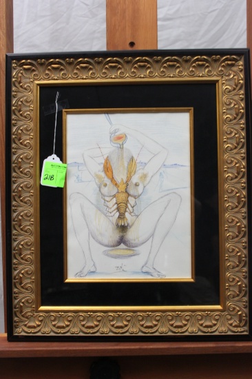Salvador Dali, Nude and Lobster, original mixed media engraving with color