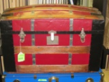 Hump back trunk with leather handles, wood trim, 28