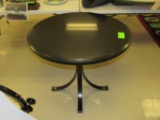 Single pedestal marble top table with iron legs, 36