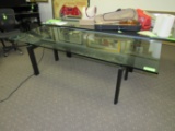 Glass top coffee table, single pedestal, four supports, 3/4