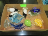 Nine pieces of art glass, penguins, fish and dolphins