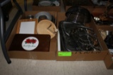 Two boxes of serving trays, hot plates and miscellaneous