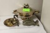 Silverplate serving pieces with covered bowl with fish decoration, swan and
