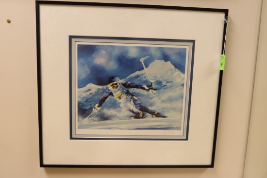 Matted and framed downhill skier, signed by artist Spahn, 15" x 11½”