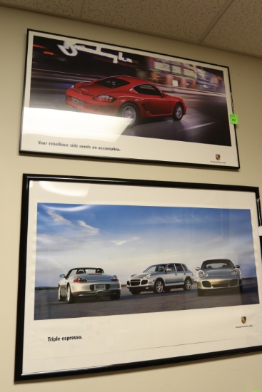 Two framed posters, Porsche Your Rebellious Side and Triple Expresso, 38" x 21" and 41" x 28"