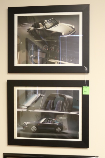 Two framed prints, Porsche, 21" x 17"