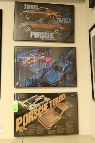 Three framed Porsche pictures, 17" x 11"