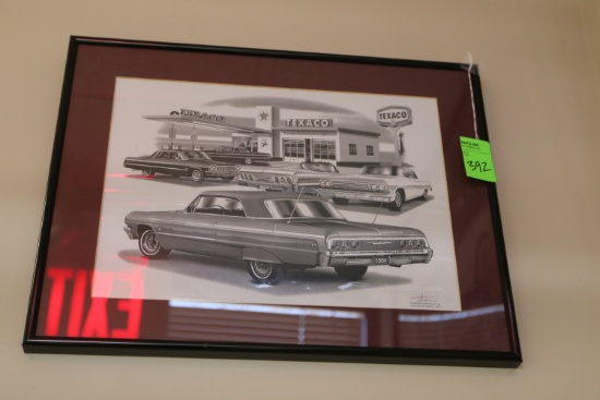 Framed and matted print, Corvette, signed David G., 25" x 21"