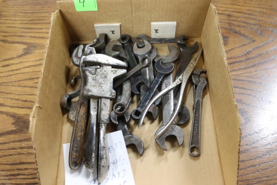 Vintage tools including adjustable pipe wrenches and wrenches