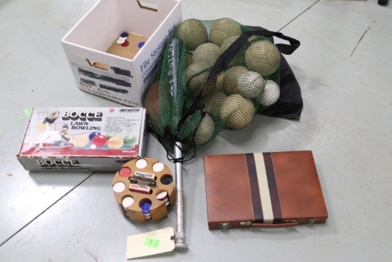 Bag of softballs, softball bat, Bocci set, and art sets