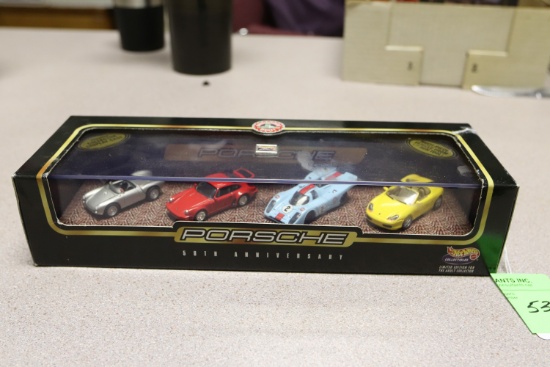 Hot Wheels 50th Anniversary Porsche display of four diecast model cars
