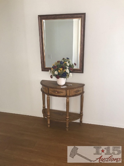 Entry Table, mirror, picture and flower arrangment