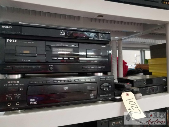 5 piece stereo and video equipment: Sony Blu-ray player, Pyle dual cassette deck, Apex DVD player,