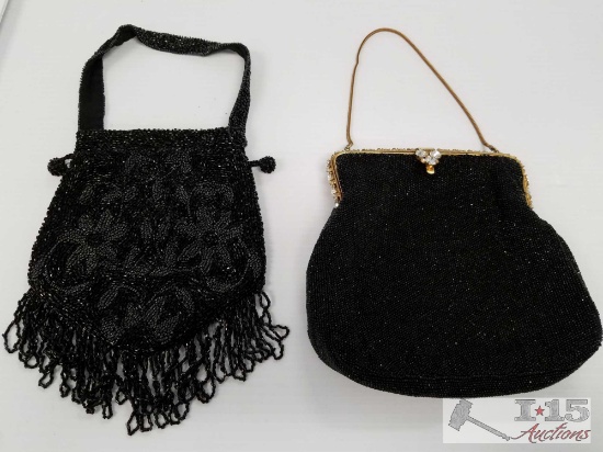 Two black beaded evening bags, one is made in Belgium by P.H. and Co.