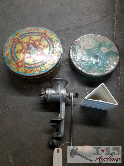 Vintage food grinder, two vintage tins, 1 triangular pottery
