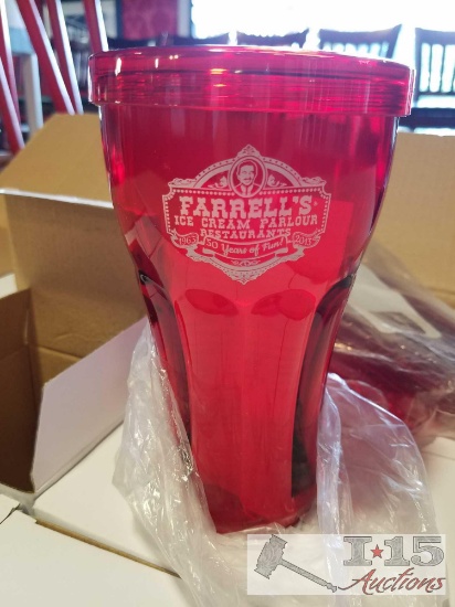 24 red Farrell's branded cups with lids and plastic straws