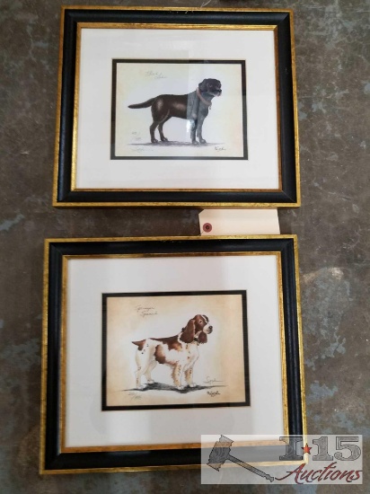 Two matted and framed dog watercolor artworks by Syndi