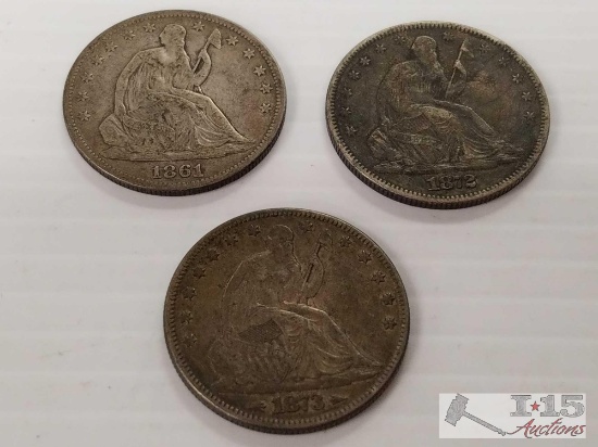 Three Liberty silver half dollars 1861, 1872, 1873