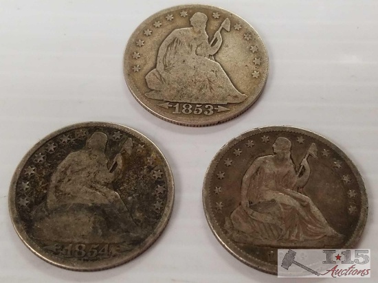 3 liberty silver half dollars 1853, 1854, 1863
