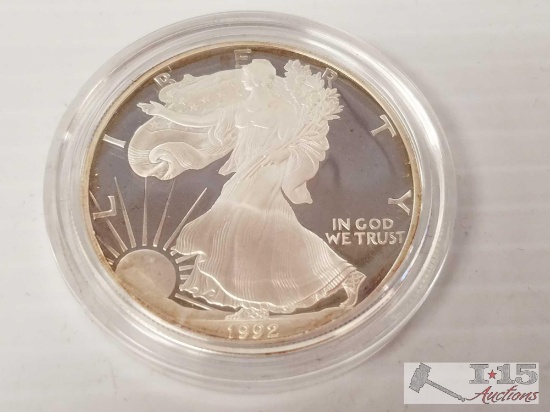 1992 American Eagle 1 oz proof silver bullion coin in gift box