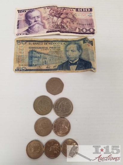 Mexican pesos bills and coins