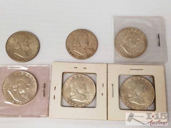 6 Silver Ben Franklin half dollars - 1948, 1952, four are 1963