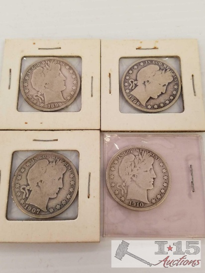1899, 1906, 1907, 1910 Liberty Barber silver half dollars