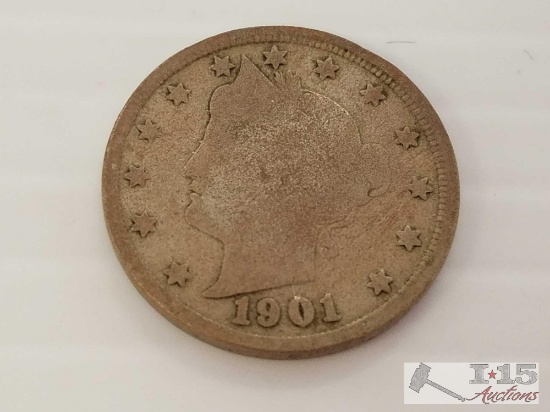 Liberty Head V Nickels quantity 19 - 1883, 1901, 2 - 1906, 2 - 1907, 1908,