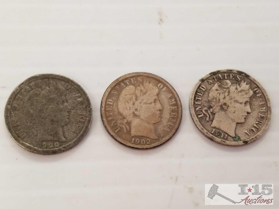 3 Silver Barber dimes: 1900, 1902, 1911