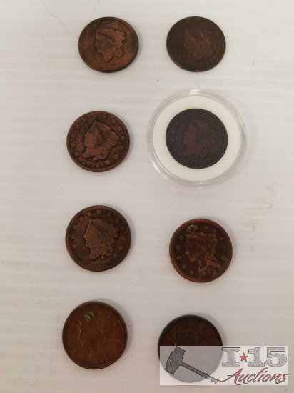 Eight (8) Coronet Liberty Head Large U. S. Cents: 1819, 1826, 1827, 1838, 1847, quantity 2 - 1848