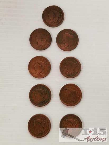 Nine (9) vintage U. S. pennies: 1819, 1826, 1832, 1846, 1847, 1852, 1853, 1856