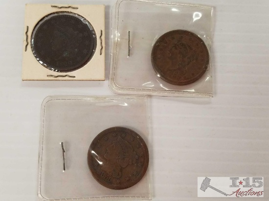 Three (3) vintage U. S. pennies: 1829, 1853, 1856